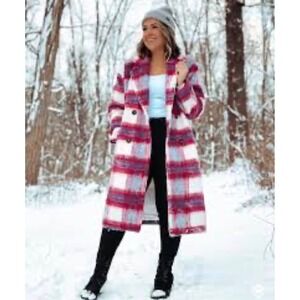 Forever 21 Womens Plaid Double Breasted Longline Coat Red Blue White Small
